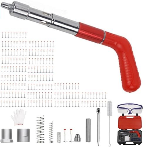 Professionelle Nagelpistole mit Schalldämpfer | 5-stufig verstellbare Beton-Nagelpistole inkl. 200 Rundnägeln & Werkzeugsatz für Decken/Wandmontage (Tragbar & Handbetrieb)​