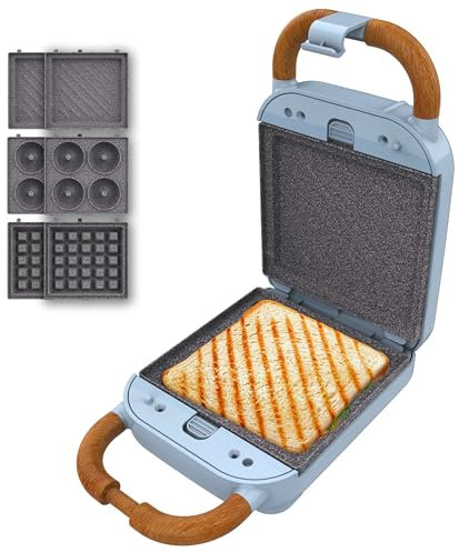 Cecotec Appareil à Sandwichs Rock'nToast Retro One Blue. Machine à Sandwich Rétro 700W, 3 Plaques Interchangeables Pour Sandwiches, Gaufres et Beignets, Revêtement RockStone, Base Antidérapante