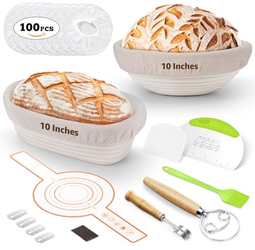 REMEIT Sourdough Starter Kit, 10Banneton Bread Proofing Basket Oval Round Banneton Basket Set Sourdough Bread Baking Supplies with Proofing Cover, Bread Making Tools, Rattan Bread Proofing Basket