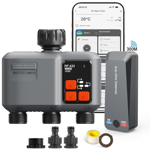 johgee Bewässerungscomputer WLAN 3 Ausgänge mit 300M RF-Technologie, Bewässerungsuhr für Gartenbewässerung Kompatibel mit Alexa & Smart Life App, Automatischem Bewässerungssystem für Garten Rasen