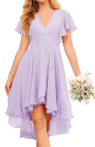 Maniche corte abiti da damigella d'onore per matrimonio scollo a V chiffon formale sera partito maxi abito alto basso AH120CZ, Lilla, 42