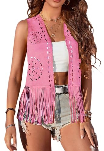 Womens Fringe Vest 70s Hippie Costume Sleeveless Cowgirl Western Faux Suede Tassel Leather Outerwear Cardigan Streetwear (C-Fuchsia, S)