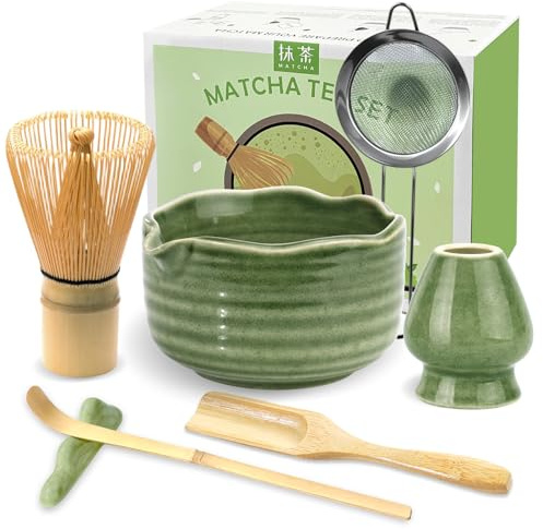 JBER Matcha Kit 7 Pièces, Matcha Set - Fouet à Matcha en Bambou, Bol à Matcha, Support pour Fouet, Cuillère et Tamis, Kit Matcha pour Cérémonie du Matcha - Matcha Vert