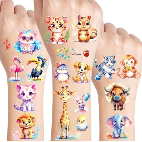 Tiere Glitzer Tattoos für Kinder, 12 Blätter Tier Temporäre Tattoos | Geschenke für Junge Mädchen, Geburtstag Party Geschenk Kleine, Hautfreundliche Temporäre
