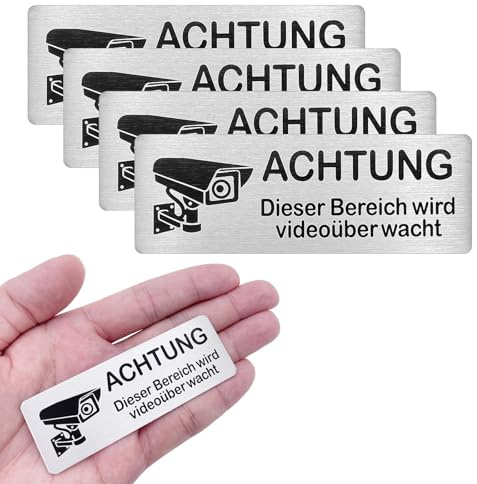 Skythrive 4 Stück Videoüberwachung Schilder, Selbstklebend Aluminium Achtung VideoüBerwachung Schild, Achtung Videoüberwachung Schild Privatgrundstück, 85×30mm für Innen und Außenbereich