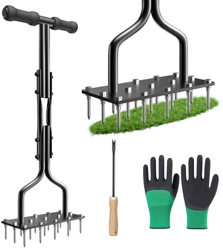 Aérateur de jardin manuel avec 15 pointes en fer et gants, scarificateur de pelouse et aérateur de pelouse pour aérer les pelouses et entretenir le sol