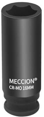 Meccion 3/8 Inch Drive Impact Socket 16mm Heavy Duty Cr-Mo 6 Point Deep Socket, 63mm Length