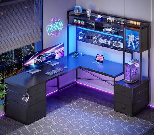 SEDETA L Shaped Gaming Desk with Drawers, Reversible Computer Corner Desk with File Drawer, Hutch, Storage Shelves for Home Office, Gaming Two Person Desk with Led Lights, Power Outlet, Black
