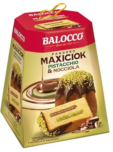 BaIocco Maxiciok Pandoro Pistacchio & Nocciola, Farcito con Crema Pistacchio e Nocciola, Ricoperto di Cioccolato al Latte e Decorato con Granella di Pistacchi Caramellati 800g