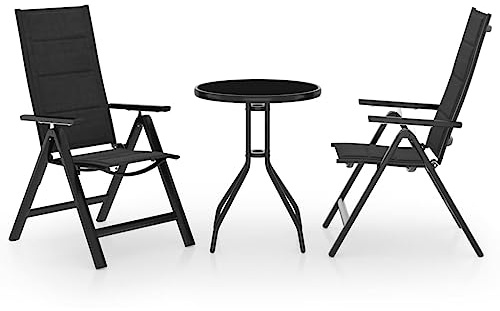 Runheo 3-TLG. Bistro-Set Schwarz, Anthrazit, Aluminium, Textilene, Gartentisch Glas, 2 verstellbare Stühle, wetterfest, für Garten, Terrasse, Balkon, Outdoor-Möbel-Set