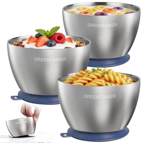 Greentainer 3er Set Edelstahl Baby Schüsseln mit Saugnapf – Breischale für Babybrei & Porridge, Rutschfeste Babyschüsseln mit Silikonhülle, Unzerbrechlich & BPA-frei, Kinderschüssel ab 6 Monaten,Blau