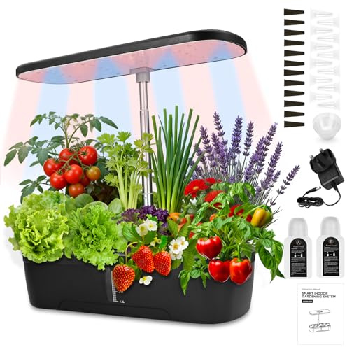 12-Pod Indoor Hydroponic Growing System with 20W Full Spectrum LED Grow Light, 4 L, Adjustable Height, Water Level Gauge, Timer, Vegetable & Fruit, and Automatic Watering for Herbs, Greens and Plants