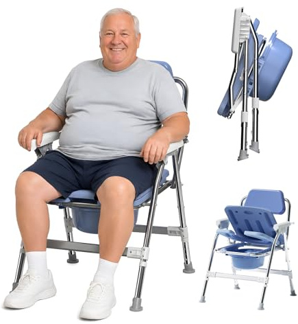 4-in-1 Toilettenstuhl für Senioren – ergonomisch freischwenkbare Rückenlehne, klappbarer höhenverstellbar Duschstuhl mit 2-lagigem EVA-Sitzkissen, bis 200 kg belastbar