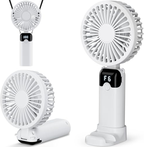 Handheld Fan, USB Rechargeable Portable Mini Hand Held Fan with 6 Speeds 4000mAh Battery Operated, Foldable Desk Small Fans with LED Display for Home Office Travel Outdoor Use, Summer Gift (White)