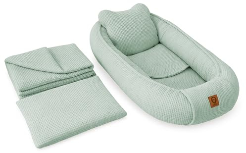 Babynestchen Neugeborene – 5-teiliges Baby Set mit Babynest aus Waffelpique Baumwolle – Nestchen Baby für Babybett & Kinderbett – Babykokon Tragbar – OEKO-TEX zertifiziert – Zubehör Babybett - Mint