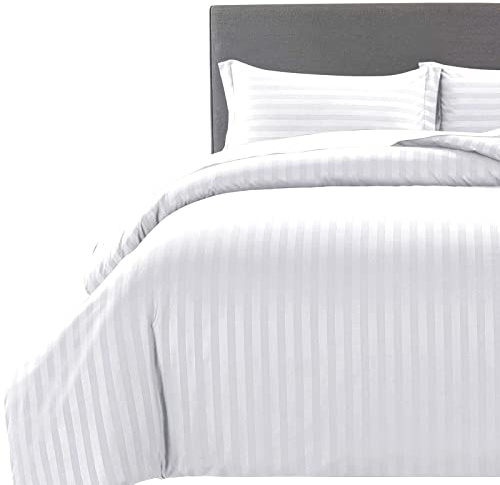MOONLIGHT20015 Double Duvet Set Reversible Stripes Satin Double Bedding Set with 2 Pillowcases Soft Hypoallergenic Duvet Cover (White 200x200 CM)