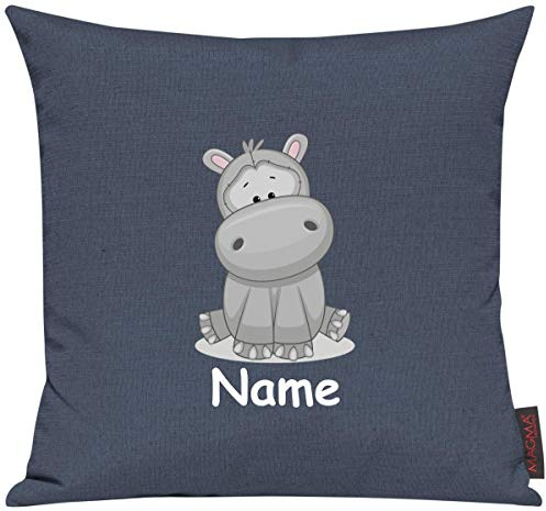 Shirtinstyle Sofakissen Kinderkissen Tiermotiv Nilpferd mit Wunschnamen, Größe 40 x 40cm, Farbe blau