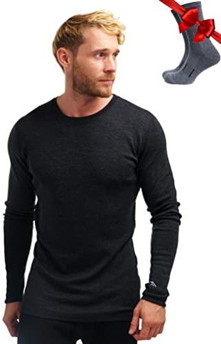 Merino.tech Merino Wool Base Layer - Mens 100% Merino Wool Long Sleeve Thermal Shirts Heavyweight, Midweight, Lite with Socks (Large, Charcoal Gray 250)