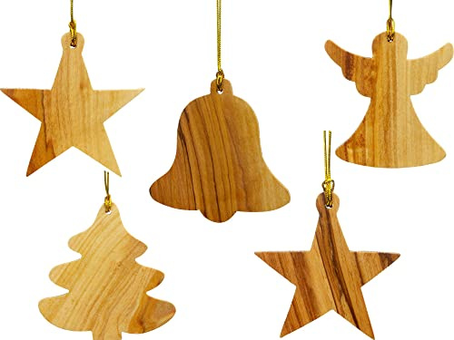 SIKORA OH-SET8 Baumschmuck Olivenholz Anhänger aus Bethlehem Sterne Baum Engel Glocke 5er Set