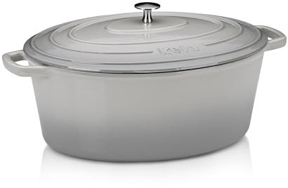 asador kela de hierro fundido ovalado 9,3 litros, Dutch Oven CALIDO, asador de inducción de hierro fundido con tapa apto para horno, olla de hierro fundido esmaltado, gris claro