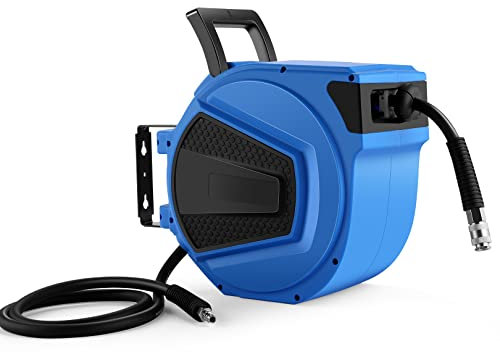 Avvolgitubo per aria compressa da 15 m, attacco da 1/4, avvolgitubo ibrido, scatola per tubo flessibile da parete, 180°, avvolgitubo ad aria compressa, max. 20 bar, retrattile automatico, blu