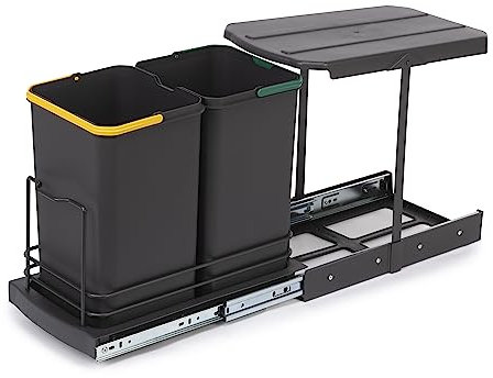 Emuca - Portarifiuti riciclabile per cucina, 2 x 12 L, a pavimento e rimozione manuale/automatica, plastica grigio antracite, 1 pz.