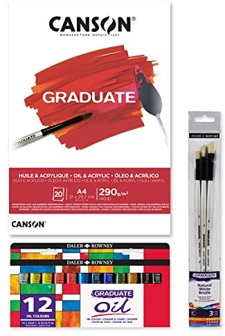 Canson Graduate Oil and Fine Acrylic Block Kit con 20 fogli da 290 g, il set per pittura a olio contiene 12 tubi da 22 ml e 3 spazzole a pelo naturale Graduate con manico lungo - Ofituria