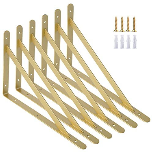 AddGrace Halterungen für Regale, 6 Stück, Wandbefestigung, Schrauben, inkl. Schwerlast-Dreieck-Regalstützen, dekorative Regalhalterungen (Gold) 25,4 cm