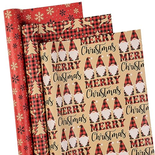RUSPEPA Weihnachts-Geschenkpapierrollen – 43,2 cm x 3 m pro Rolle, insgesamt 3 Rollen – Weihnachtsmann, Rentier und Schneeflocke