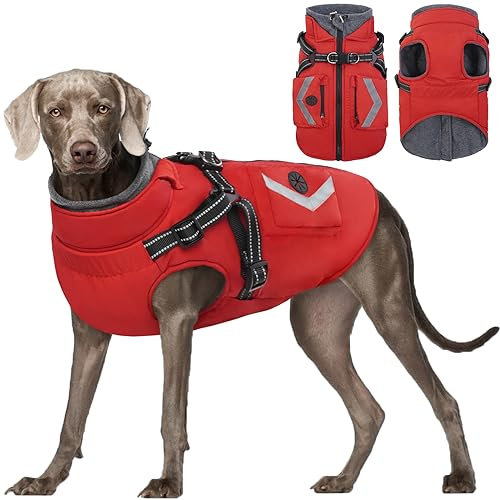 Kuoser Hundemantel für Kleine und Große Hunde - Wasserdicht, Winter Hundejacke Mit Geschirr, Rot XXL