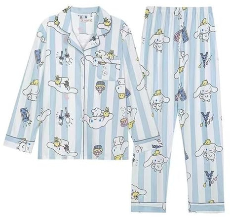 WANHONGYUE Kawaii Cinnamoroll Pigiama Donna Ragazza Lungo Due Pezzi Maglietta Manica Lunga e Pantalone Lungo Set di Pigiama Camicie da Notte Abbigliamento per La Casa Blu-2 M