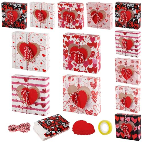 16 Stück Geschenkboxen zum Valentinstag, 12,5 x 12,5 x 3,5cm Geschenkboxen Karton mit 16 Liebeskarten Herz-Geschenkboxen mit Durchsichtigem Fenster für Donuts Kekse Cupcakes