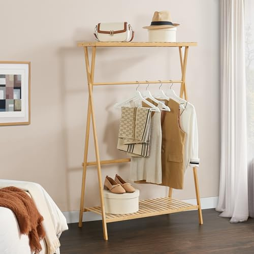 [en.casa] Perchero Burro con 1 Barra 1 Estante Superior para Sombreros y 1 Estante para Zapatos en Dormitorio Recibidor Oficina Estable Bambú 140 x 90 x 45 cm - Color natural