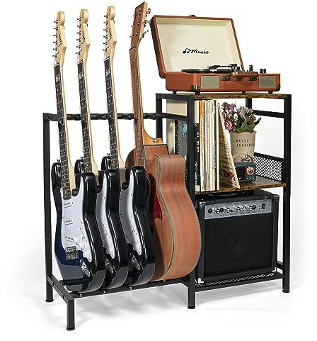 ikkle Gitarrenständer Mehrere Gitarrenständer mit 3 Etagen Plattenspieler-Ständer Gitarren Bodenständer mit Vinyl Schallplatten Schrankhalter für Akustik-, E-Gitarre, Bass, Gitarrenständer-Halterung