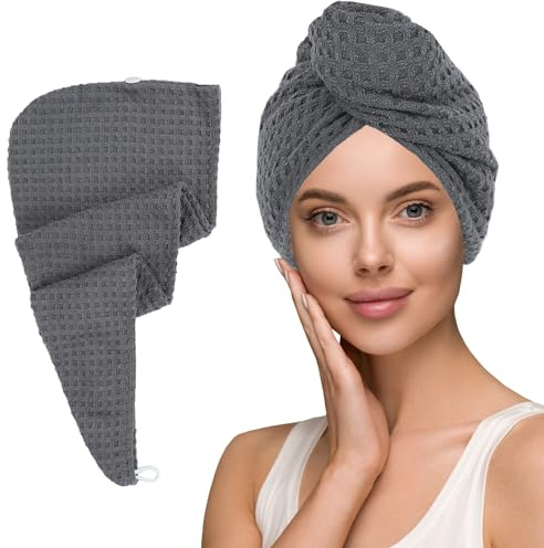 MaopaoBeauty Haartuch aus Frottee, saugfähig, trocken, Anti-Frizz-Twisten, lockig, Dusch-Turban für Damen, nasses Haar, 1 Stück, graue Waffel, langes Haar, Turban-Wickel, schnell trocknende Handtücher