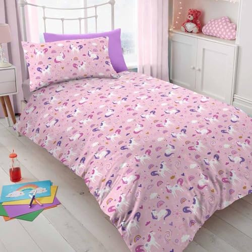 GC GAVENO CAVAILIA Kids Unicorns Rainbows Pink Single Bedding Sets For Girls | 100% Microfiber Soft Breathable Toddler Duvet Set | Multi
