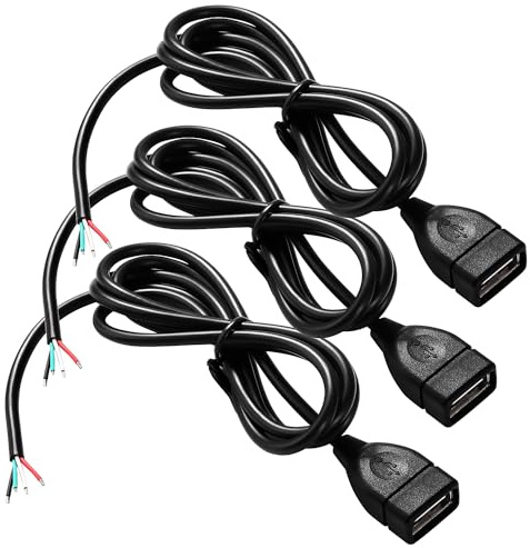 KUOQIY 3 Stücke USB-A Weiblicher 5V / 3A Pigtail offenes Ende Stromkabel, 1m 22 AWG USB 2.0 Weiblicher 4-poliger Draht DIY Pigtail-Kabel, für USB-Geräte Reparatur DIY-Kabel
