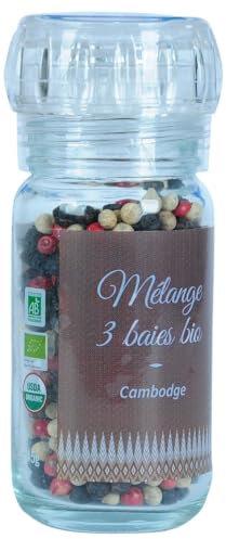 Khla - Mélange 3 Baies Certifié Bio 45g - Moulin - Poivre de Kampot Noir, Blanc & Baies Roses - Qualité Premium - Production Limitée - Épices Direct Producteur - Origine Cambodge & Madagascar…