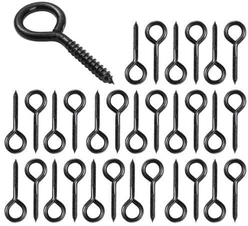 EIHI 30 Pezzi Nero Occhielli a Vite per Legno, Ganci a Vite, Ganci a Vite per Legno, Viti a Occhiello, Viti a Gancio e a Occhiello, per Amache Sedie Sospese Cesti Sospesi, 30mm