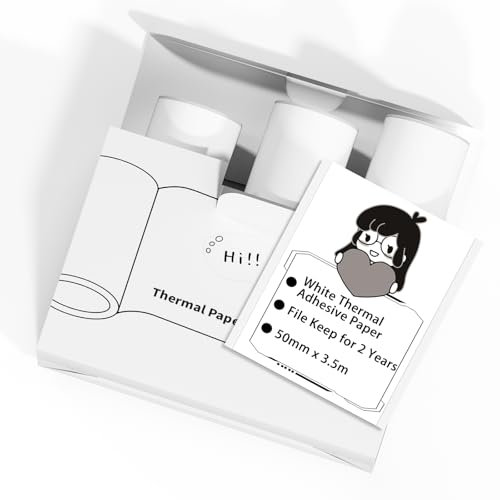 Phomemo Thermodruckpapier - 2 Jahre Weiß Selbstklebendes Mini Aufkleber Papier, Kompatibel mit T02/M02X/M02L Mini Tragbaren Druckern zum Drucken von Fotos, Studiennotizen, DIY Aufkleber, 3 Rollen