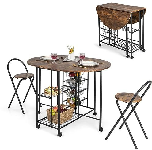 3-teiliges faltbares Esszimmer-Set, Metallrahmen, Holzplatte, Drop-Bartisch-Set mit Rollen, Aufbewahrungsregalen und ausziehbaren Körben, Frühstückstisch-Sets für Küche Wohnzimmer (Rustic Brown)
