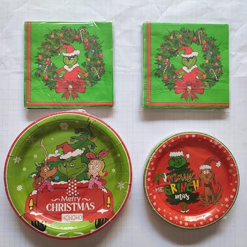 Weihnachtsfeier Dekorationen, 96 Stück Rote, Grüne und Weiße Teller Tassen Servietten für Weihnachtsthema Party Tischdekorationen (Grün)