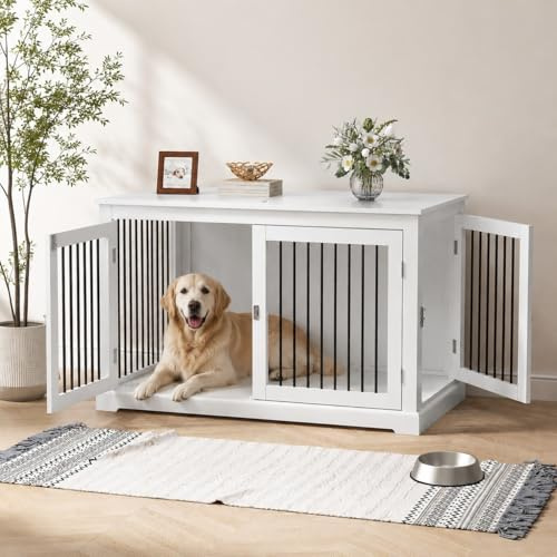 HOLTICO Hundebox für Zuhause, Hundekäfige Möbel mit Kissen, Hundebox Beistelltisch Groß, Hundehaus, Hundekäfige für Große Hunde, (Weiß)