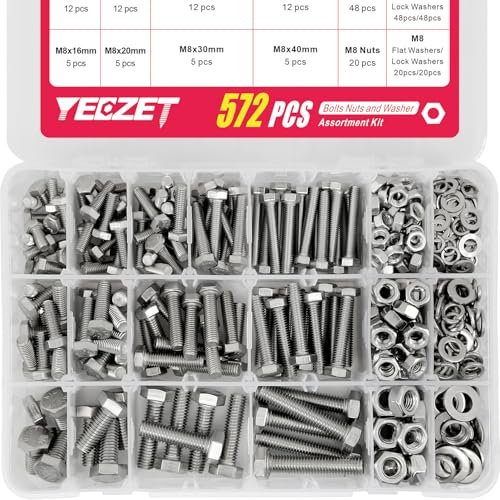 YEEZET 572 pezzi M5 M6 M8 Kit di Bulloni e Dadi, Set di Assortimento di Bulloni Esagonali per Impieghi Gravosi Metrici in Acciaio Inossidabile 304, 13 Misure, Lunghezza da 10 a 40 mm