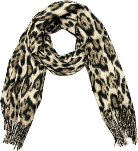 J26 XXL Leopard Schal Herbst Winter Schal Stola Tuch Übergangsschal Baumwolle mit Fransen Leo