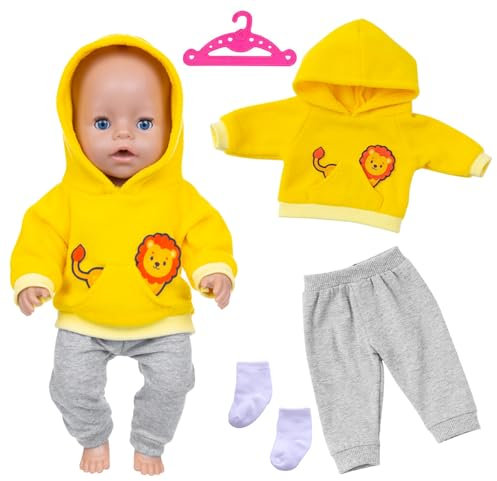 Puppenkleidung kompatibel mit 35-43 cm New Born Baby Puppen, 1 Animal Element Kapuzensweatshirt+ 1 graue Hose + 1 Paar Socken +1 Hänger, Puppenkleidungsset Geschenk für Kinder Mädchen Jungen