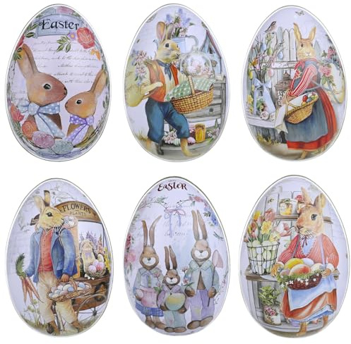 LUFEIS Easter Eggs, 6pcs Fillable Easter Eggs Metal Empty Shells, Easter Rabbit Tin Box Creative Egg Shaped Candy Case, Fill with Easter Hunt Gifts and Chocolate, Easter Bunny Metal Candy Box