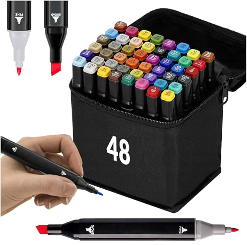 Set di pennarelli ad alcool - 48, 60, 80, 120, 168 colori - Penne artistiche bifacciali con punta fine e a scalpello per artisti e designer - Impermeabili, sfumabili e con pratica custodia per riporli