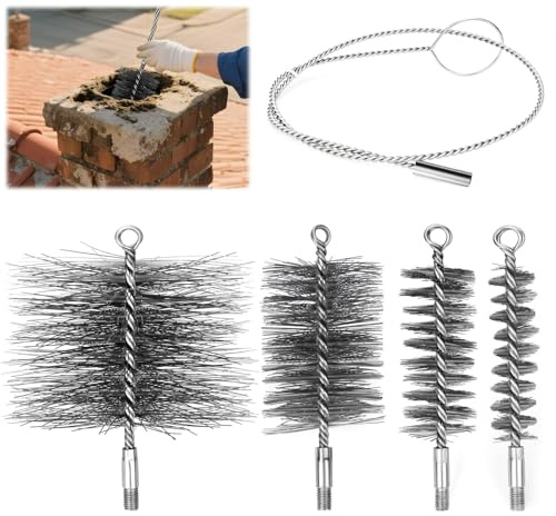 Schornsteinfeger Bürste Set, 4 Stück Kaminbürste Set, Ofenrohrbürste Rohrreinigung Und Rostentfernung, 30mm 50mm 80mm 150mm Ofenbürste Mit 1m Stahldraht Kaminrohr Reinigungsbürste