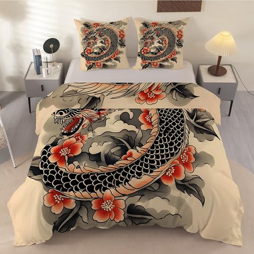 CCZM Housse de Couette 200x200 Japonais, Parure de Lit 2 Personnes Imprimée Dragon Fleurs, Linge de Lit Animalier Réversible avec 2 Taie d'oreiller, Fermeture Éclair, Y-956